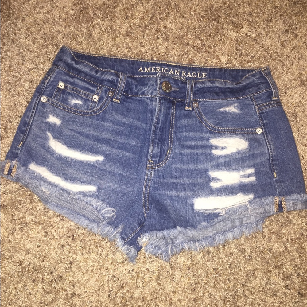 Medium washed jean shorts.